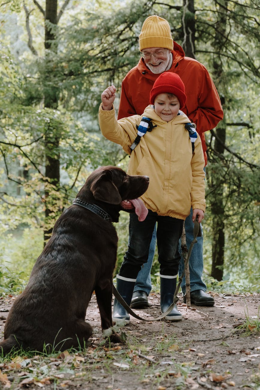 an elderly man and a young boy standing beside their pet dog